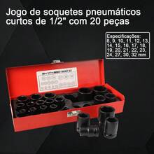 Conjunto de 20 peças de soquetes pneumáticos curtos de 1/2 polegada, soquetes sextavados e soquetes de impacto, de 8 mm a 32 mm, em aço liga cromo-molibdênio, com cantos arredondados e caixa de armazenamento. - A - Visão 1