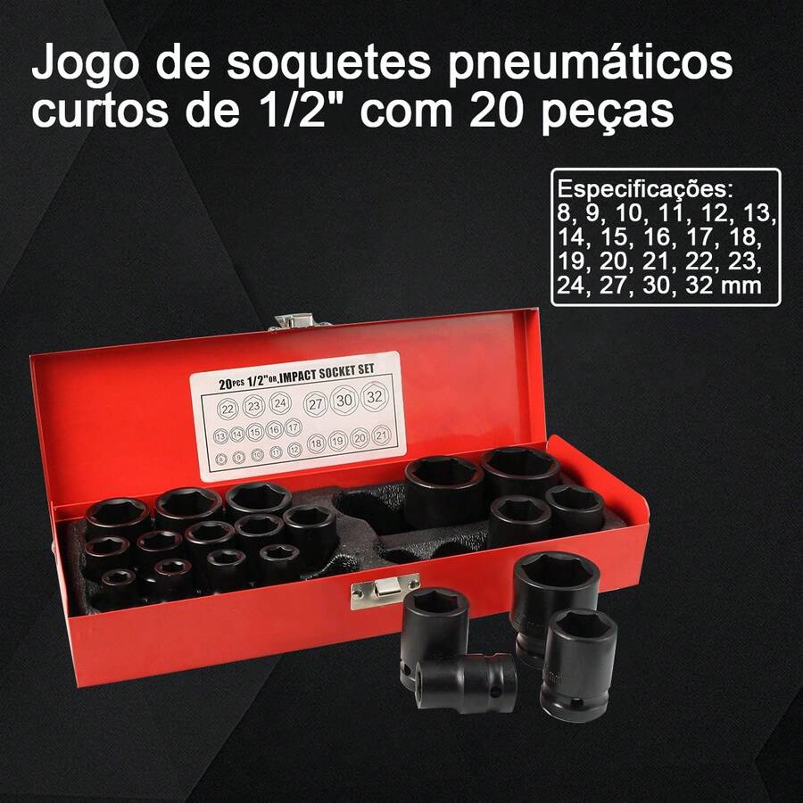 Conjunto de 20 peças de soquetes pneumáticos curtos de 1/2 polegada, soquetes sextavados e soquetes de impacto, de 8 mm a 32 mm, em aço liga cromo-molibdênio, com cantos arredondados e caixa de armazenamento. - A - Visão 1