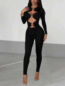 AiTyi Designer Metal Buckle Hollow Long Sleeve Fitted Jumpsuit, High Elasticity Slim Fit, Back To School Autumn Party Y2K Style - Black - View 2