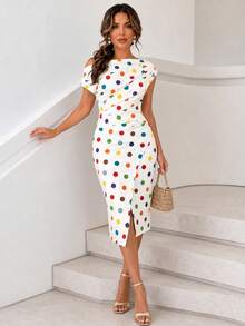 ChicMe 女士波点印花不对称领口褶皱修身中长连衣裙，优雅合身开衩鸡尾酒会礼服 - 彩色 - 查看 2