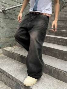 Impala Jeans Baggy para Hombre, Pantalón de Mezclilla de Ajuste Holgado, Diseño Desgastado Vintage, Pierna Ancha, Estilo Y2K Calle, Casual para Uso Diario, Moda Urbana Juvenil - Negro - Ver 5