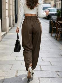 DONICY Women's Brown High Waist Double Button Pleated Cuffed Harem Suit Pants, Elegant Casual Spring Autumn Office Commute Long Pants - Coffee Brown - View 2