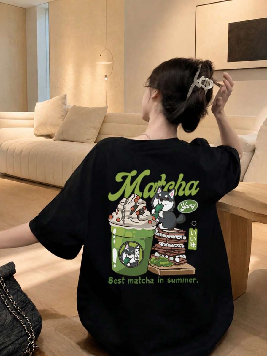 Women's Casual Round Neck Loose Fitting Ice Cream Letter Print Short Sleeve T-Shirt, Versatile For Summer Black - Black - View 1