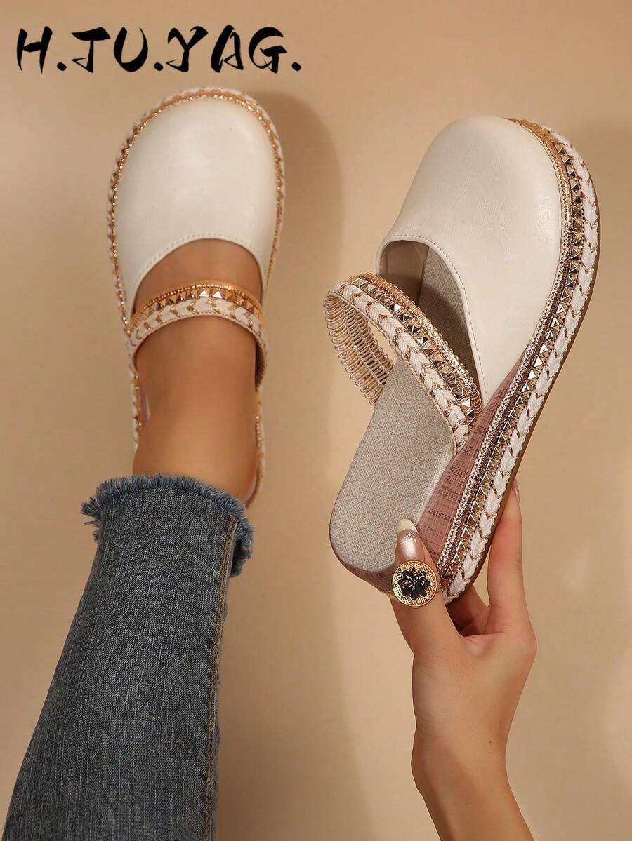 Bohemian Metallic Closed-Toe Half-Slingback Women's Shoes, Rope Braided Rhinestone Embellished Thick Sole Slip-On Mule Sandals Beach Shoes