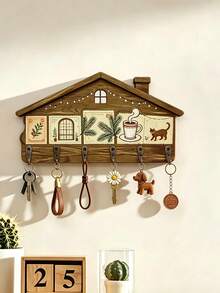 1pc Creative Wooden Cottage Stamp Key Hook, Wall-Mounted Entryway Storage Rack With 6 Hooks, Can Hang Keys, Bracelets, Masks And Small Items, American Vintage Farmhouse Style Home Decor, Warm Home Gift, Suitable For Family And Friends - View 4