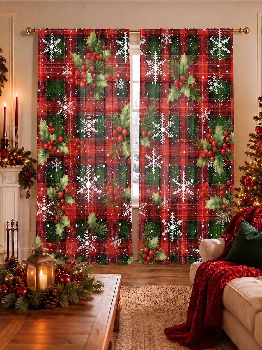 2Pcs Christmas Holiday Curtains, Vintage Red & Green Plaid Holly Snowflake Print Pattern Curtains, Semi-Blackout Rod Pocket Holiday Window Decor, Suitable For Living Room And Bedroom, Rod Not Included - Multicolor - View 1