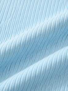 Baby Boy Light Blue Vertical Ribbed Colorblock Polo Collar Knit Long Sleeve Top & Elastic Waist Cuffed Denim Pants, 2-Piece Casual Set For Spring And Autumn - Baby Blue - View 4