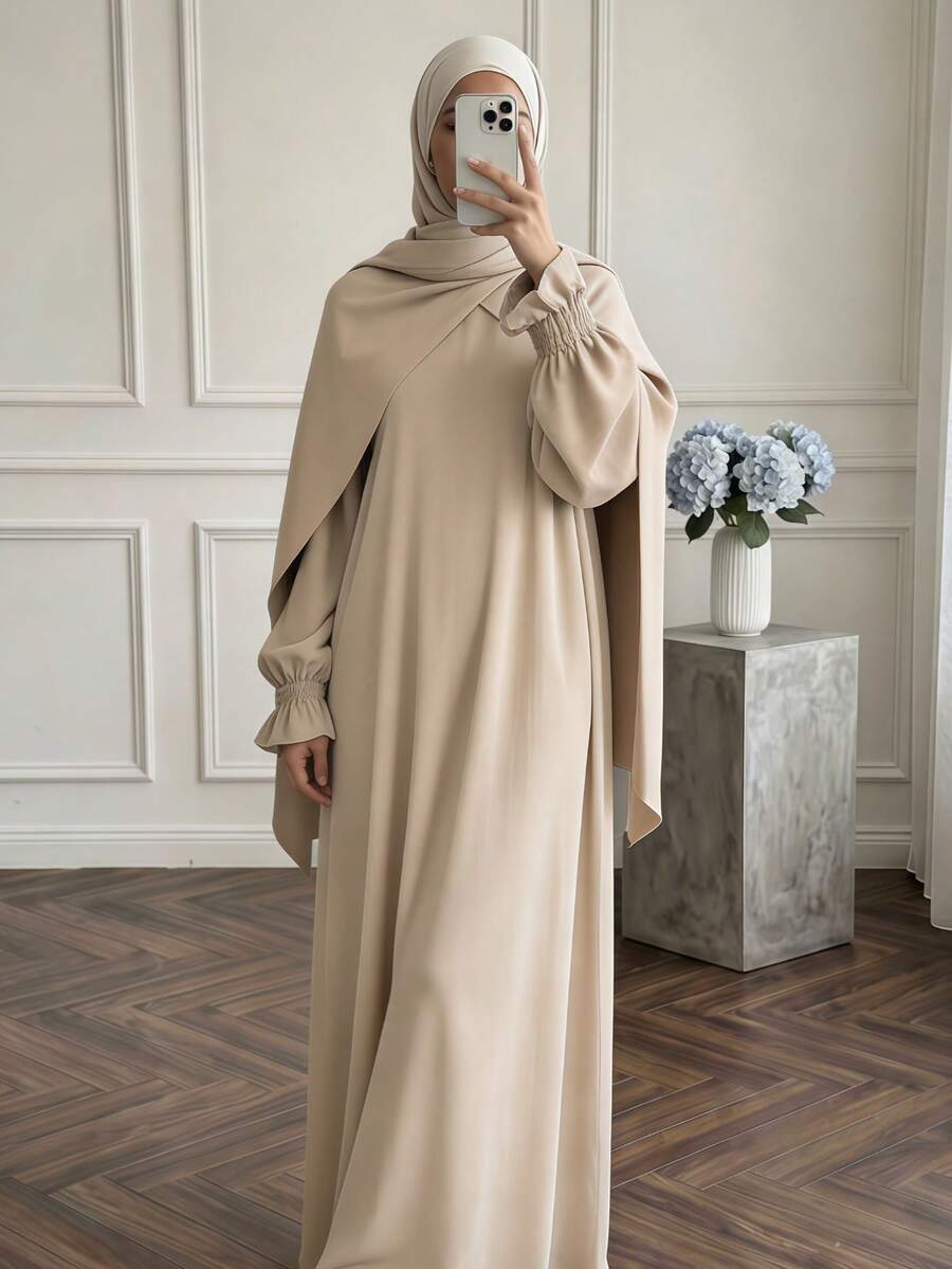 Busana Sehari-hari Wanita Timur Tengah, Set Hijab dan Abaya 2 Potong yang Serasi, Gaun Panjang Lengan Mengembang Longgar dengan Manset Elastis - MultiWarna - View 1