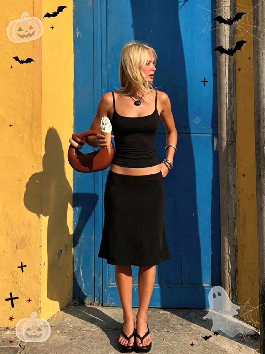 Solid Color All-Match Casual Versatile Sexy Camisole & Skirt Set, Halloween Outfit - Black - View 1