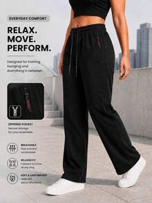 Women's Wide Leg Drawstring Pants With Zippered Pockets, Casual Athletic Trousers For Running, Training And Daily Wear - Black - View 1