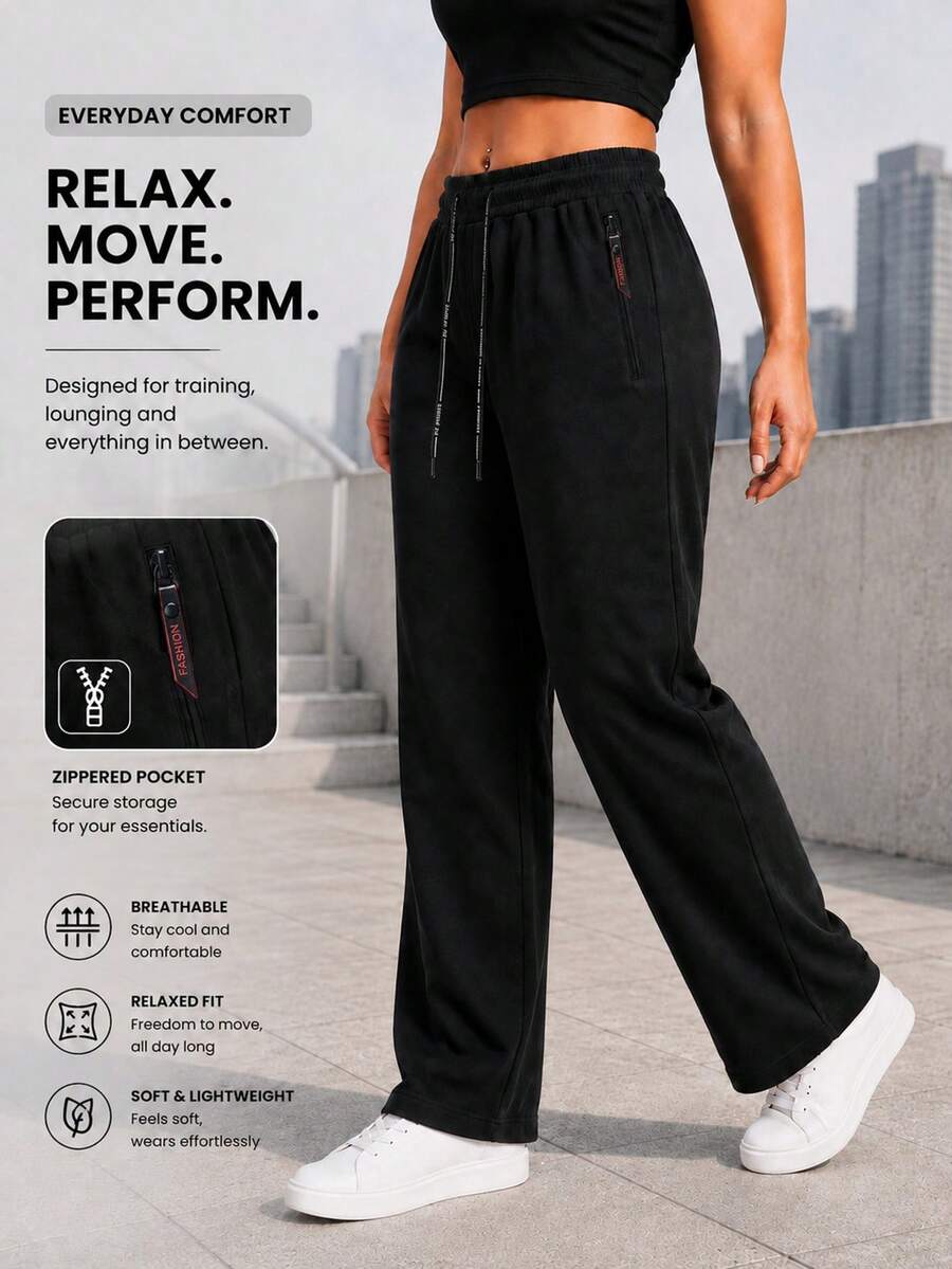 Women's Wide Leg Drawstring Pants With Zippered Pockets, Casual Athletic Trousers For Running, Training And Daily Wear - Black - View 1