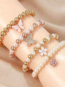 4pcs Cute Butterfly & Flower Pendant Pearl Jewelry Set For Teen Girls, Fashionable Luxury Accessory Bracelet With Elegant Vibe - Multicolor - View 2