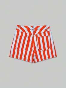YROOE Women's Red & Blue Vertical Striped Zipper Pocket Casual Shorts, Autumn/Winter - Multicolor - View 2