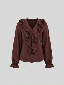 Women's Brown V-Neck Ruffle Blouse, Flared Sleeve Elegant Button-Down Shirt, Suitable For Commute, Outings, Dates And Afternoon Tea, Autumn Outfit - Coffee Brown - View 7
