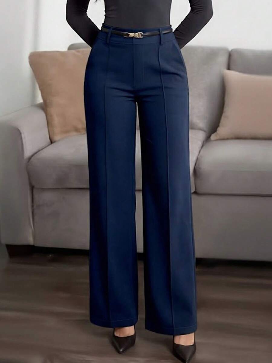 Jisfaneya 女款(無腰帶)純色長褲,附側邊口袋與拉鍊,優雅休閒,適合辦公室與通勤 - 藏蓝色 - 查看 1