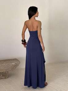 Women's Autumn Solid Color Ruched Strapless Slit Dress, Elegant Dress For Party And Date - Blue - View 3