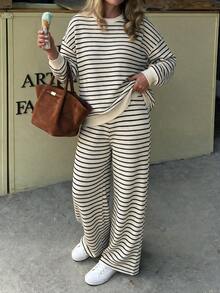 Casual Striped Textured Knit 2 Pieces Set, Round Neck Loose Top And Wide Leg Pants, Suitable For Casual, Vacation, Dating Wear - Black and White - View 5