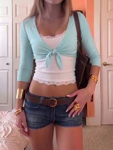 Women Y2K Ribbed Deep V Front Tie Crop Top, Three Quarter Sleeve Slim Fit Solid Color Casual Cropped Blouse - Blue - View 2