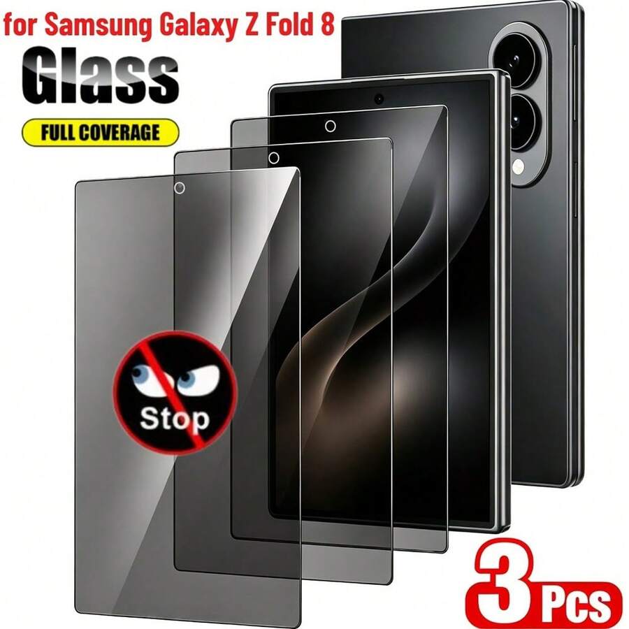 3pcs High Definition Privacy Tempered Glass Screen Protector Set, Anti-Peeping, Scratch-Resistant, Shock-Resistant, 9H Hardness, Easy Installation, Compatible With Samsung Galaxy Z Fold8/Z Fold 8 Ultra/Z Fold7/Z Fold 6/Z Fold5 Series - Clear - View 1