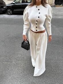 Women's Asymmetric Front Knit Cardigan, Puff Sleeve Slim Fit Office Top, Spring/Autumn - White - View 3