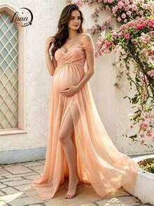 Off-The-Shoulder Lace Maternity Dress - Pink - View 2