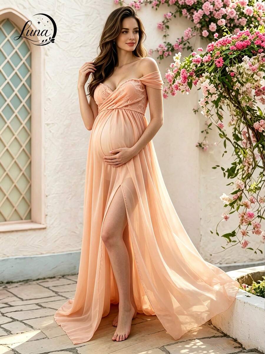 Off-The-Shoulder Lace Maternity Dress