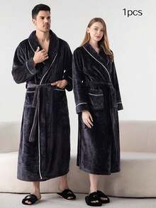 Autumn/Winter Flannel Loungewear, Unisex Couple Style Long Bathrobe, Thickened Warm And Comfortable, With Waist Tie And Large Pockets - Black - View 2