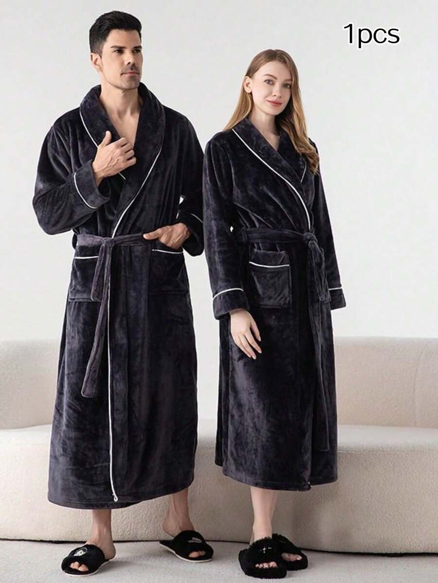 Autumn/Winter Flannel Loungewear, Unisex Couple Style Long Bathrobe, Thickened Warm And Comfortable, With Waist Tie And Large Pockets