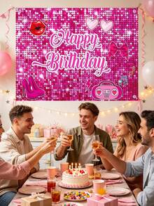Splendor Sweet Pink Heart Fashion Theme Party Photo Background Cloth, Crown Bag Lipstick Print Background Banner, Birthday Celebration Party Supplies - Multicolor - View 8