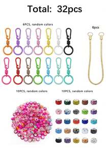32PCS Dopamine Color Keychain Set With Random Color Keychains, Snake Chain, Random Color Large Hole Beads, DIY Keychains For Backpack Charms, Wedding And Holiday Gifts - Keychain Accessory Kit - View 4