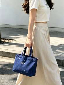 Casual Minimalist Letter Canvas Bag, Floral Pattern Handbag, Fashion Minimalist Style Women's Tote Bag, High Cost-Performance Versatile Bag Suitable For Moms With Kids, Students, Office Workers For Outings, Shopping And Street Shopping - Navy Blue - View 8