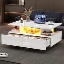 Modernt soffbord med högblank finish, LED-belysning och två lådor: elegant sidobord 90x55x41 cm med förvaringsutrymme, tål upp till 30 kg. - Vitt - Visa 2