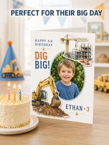 Customized Photo & Text Construction Birthday Card, Includes Child's Photo, Name And Age, Excavator & Construction Site Theme, Suitable For Construction Themed Birthday Party, Special Commemorative Gift For Boys - Multi-color - View 7