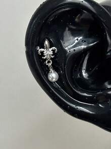 1pc Vintage Iris Flower Cartilage Ear Stud With Zirconia And Pearl Dangle Screw Back Piercing Earring For Women - Silver - View 1
