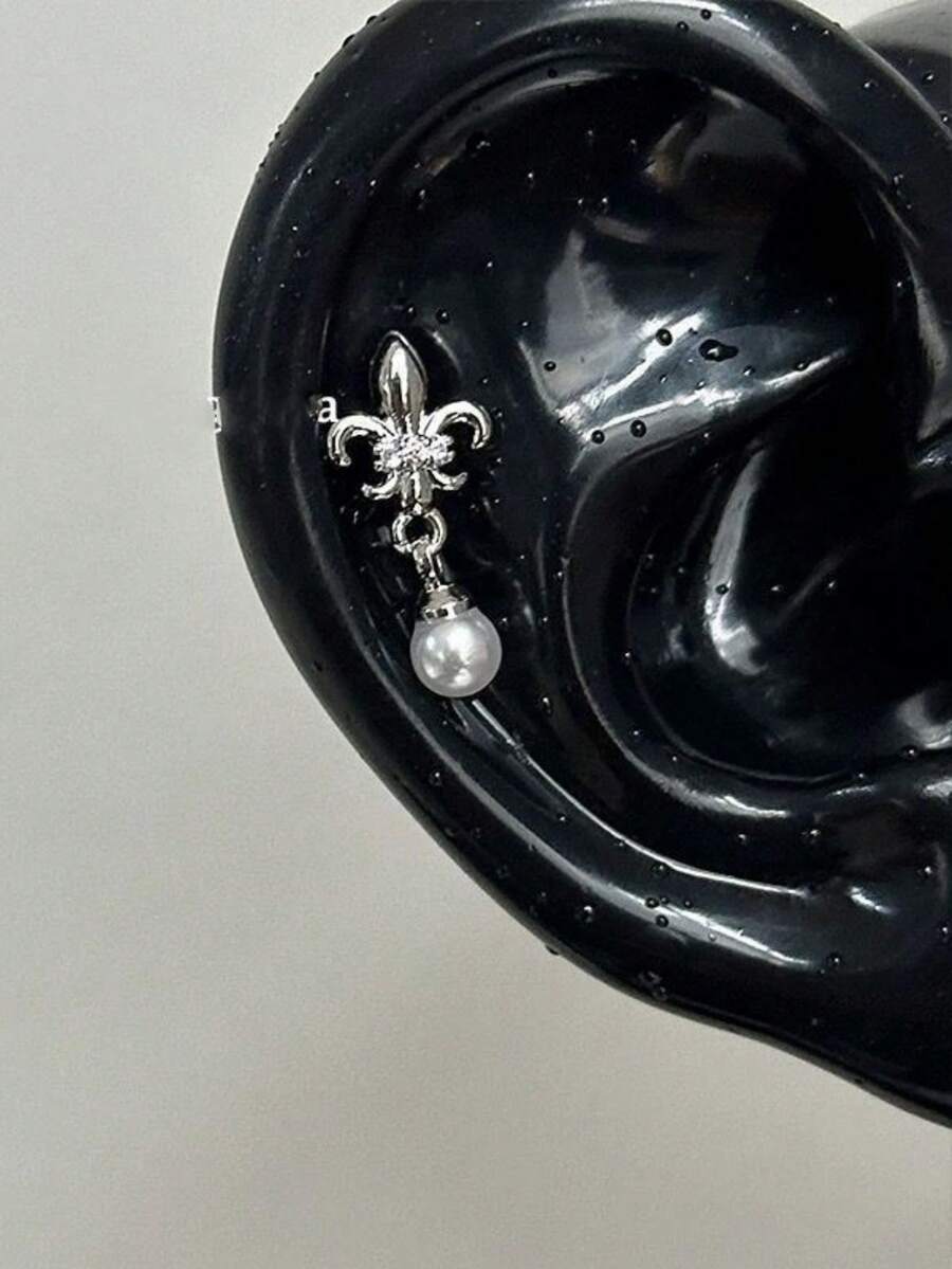1pc Vintage Iris Flower Cartilage Ear Stud With Zirconia And Pearl Dangle Screw Back Piercing Earring For Women - Silver - View 1