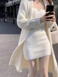 女款純色長袖針織開襟外套，適合秋冬穿著 - 白色 - 查看 5