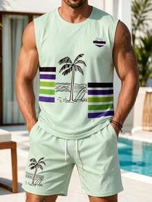 Men's Palm Tree Print Crew Neck Tank Top And Shorts Casual Set - Multicolor - View 4