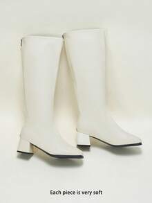 Girls' Knee High Boots Square Toe Chunky Heel, Soft Faux Leather Side Zipper, Autumn Winter 2026 - White - View 2