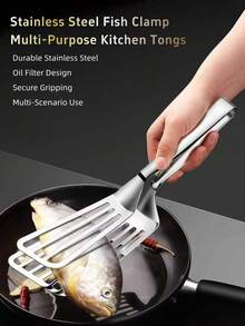 1pc Stainless Steel Hollow Oil-Filtering Cooking Tong, Non-Deforming Kitchen Tool, Perfect For Frying Fish, Grilling Steak, Making Burgers, Baking Seafood, Home Daily Cooking, Outdoor Camping BBQ - Silver - Stainless Steel Spatula - View 3