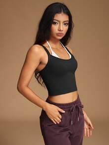 VVX Women Color Block Halter Neck Yoga Crop Tops Sexy Backless Workout Sports Top Y2K Casual Contrast Color Soft For Gym Daily Wear All Seasons - Black - View 4
