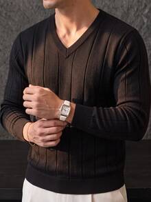 Men's Solid Color V-Neck Ribbed Knit Pullover Sweater - Black - View 2