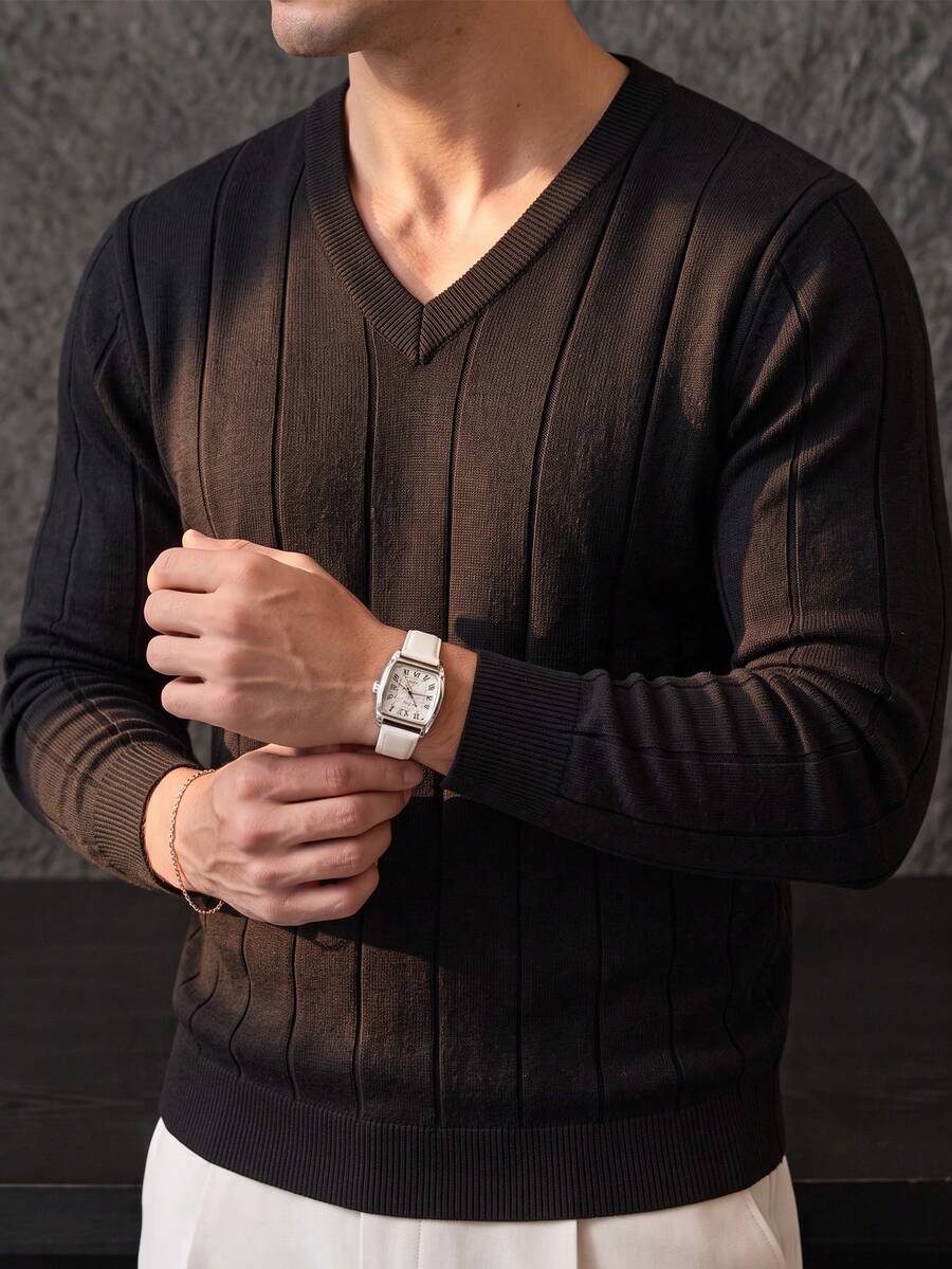 Men's Solid Color V-Neck Ribbed Knit Pullover Sweater