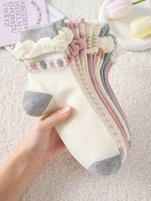 4 Pairs Women's Cute Sweet Breathable Floral Striped Pattern Forest Style Lace Mid-Calf Socks Short Socks White Socks Gray Socks Casual Comfortable Preppy Student Socks Fashion Comfortable Random Color Suitable For Daily Wear Spring Summer Autumn Winter All Seasons - Multicolor - View 8