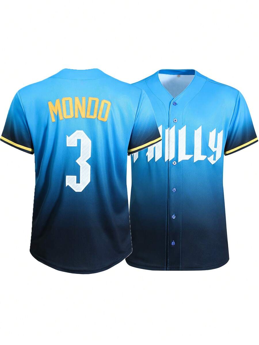 Men's Baseball Jersey 3 Blue Buttons Embroidered Sports Cardigan & Casual Training T-Shirt - Blue - View 1