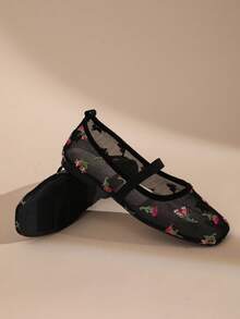 Women's Square Toe Mesh Embroidered Mary Jane Ballet Flats, Breathable Single Strap Flat Shoes - Black - View 2