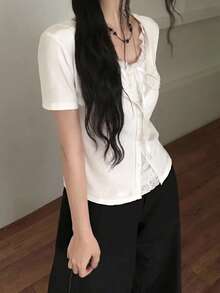 Women's Lace Patchwork Casual Versatile Daily Wear Short Sleeve T-Shirt White Summer - White - View 4