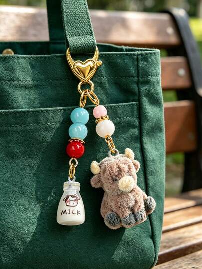 Cute Flocked Calf Keychain (With Milk Bottle Pendant), Handmade Beaded Bag Charm, Decorative Earphone Keychain - Compact And Fashionable, Ideal Gift For Women And Animal Lovers, Perfect Choice For Birthday Gift, Valentine's Day Gift, Teacher's Day Gift, Back To School Gift, Christmas Gift, Halloween Gift