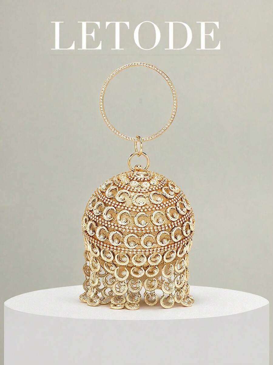 Mini Rhinestone Tassel Handheld Spherical Evening Bag - Gold - View 1