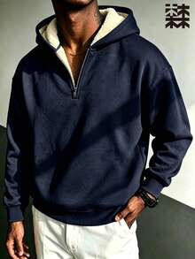 mulinsen Men's Off-Shoulder Long Sleeve Half-Zip Hooded Sweatshirt, Thick Warm Pullover, Suitable For Autumn/Winter Daily Wear - Navy Blue - View 3