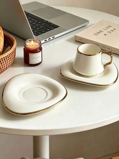 6 Sets/1 Set 90ml Luxury Gold-Rimmed Asymmetrical Ceramic Coffee Cup And Saucer Set And Teacup, Includes Cup And Saucer, Cup With Heat-Resistant Handle, Dishwasher . Perfect For Afternoon Tea, Desserts, Espresso, Also As A Gift Set Or Back To School Supplies. Also An Ideal Choice For Family Gatherings, Coffee, Tea, Desserts, Housewarming And Wedding Gifts, Kitchen And Cafe Decor, Perfect Birthday And Mother's Day Gift For Women And Tea Lovers, Father's Day Gift, Teacher's Gift, Graduation Gift